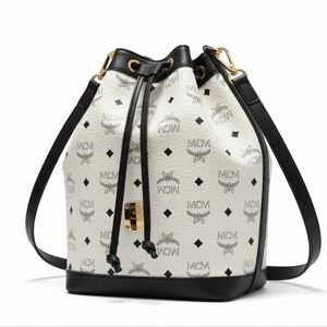 MCM Visetos Vintage Drawstring Navy Blue and White Bucket Bag